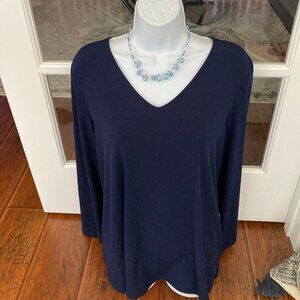 Susan Graver Navy Blue Long Sleeve V Neck Blouse Large